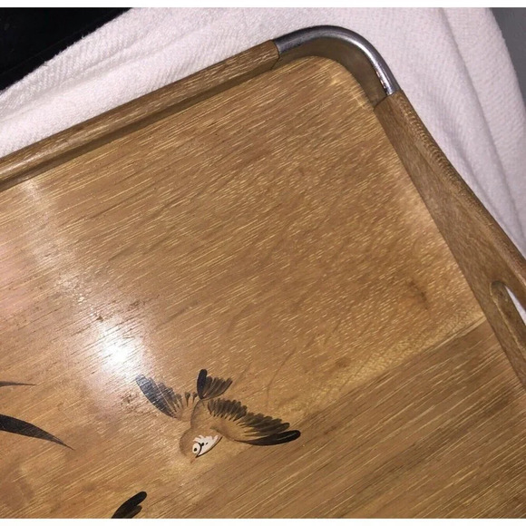 Vintage Japanese Bamboo Serving Tray Hand Painted Birds Mid Century Oriental - Picture 3 of 7